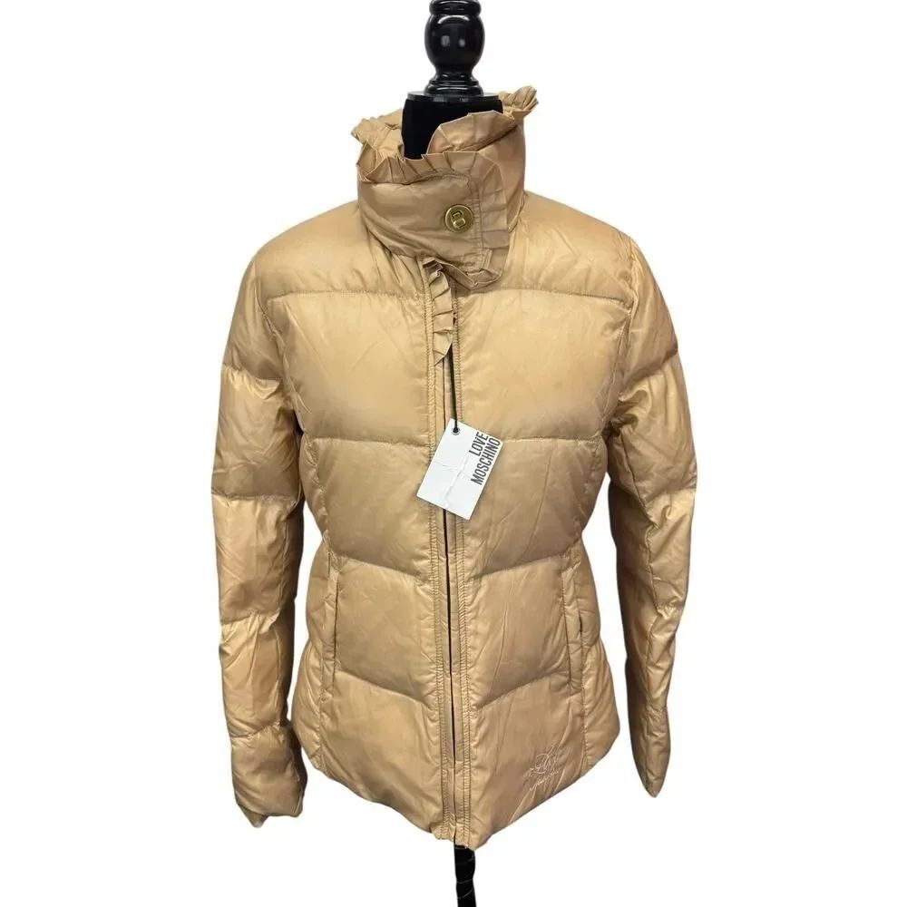 NWT Love Moschino Puffer Jacket Beige Ruffle Collar Down Coat IT 42 US 6